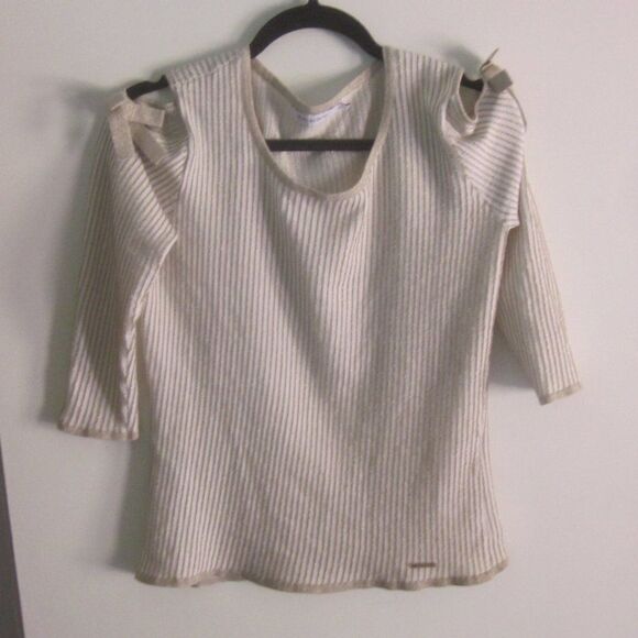 Pedro del Hierro Womens Size M Fitted Knit Pullover Cream & Gold Stripe Top - Picture 1 of 10